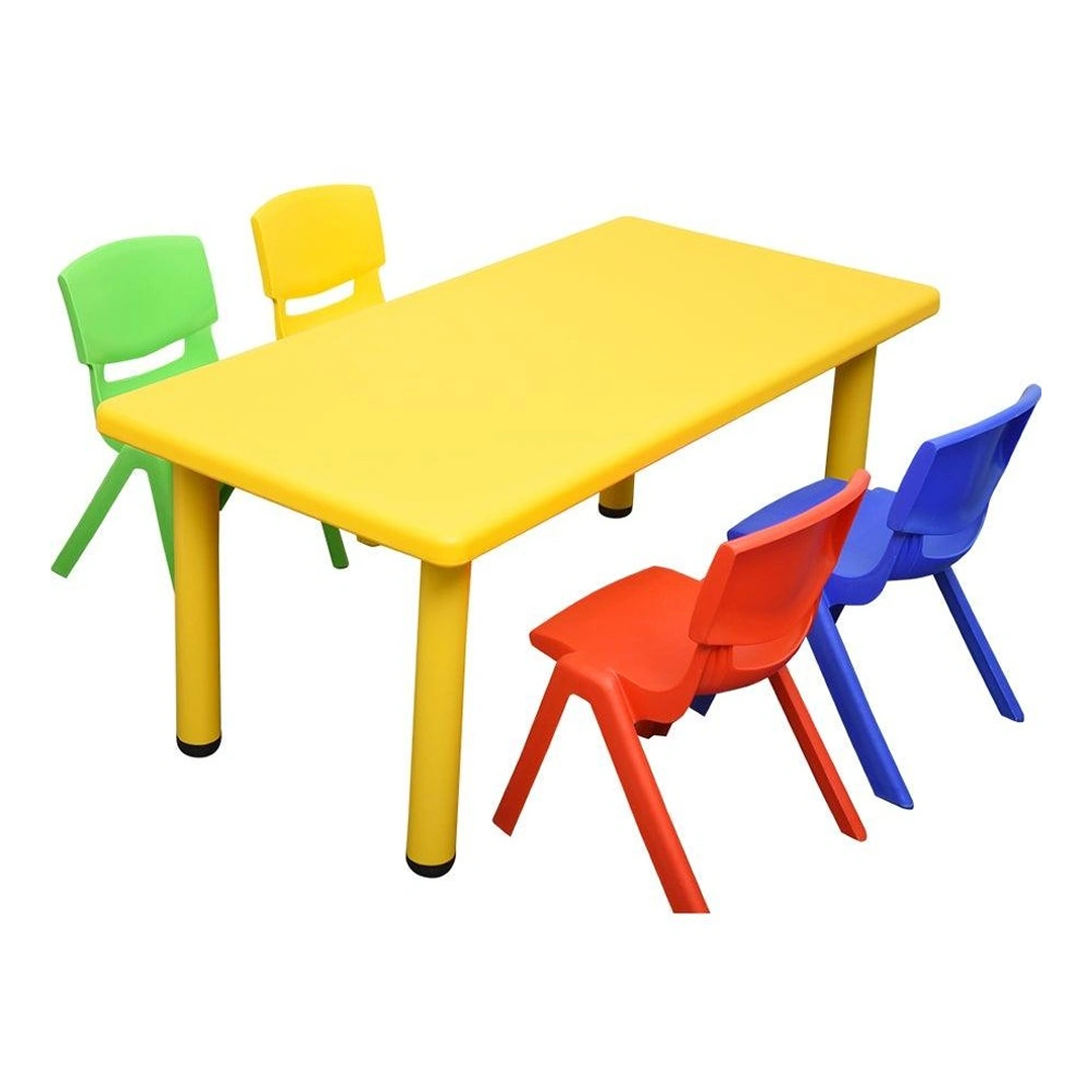 freeform JOY Adjustable Kids Rectangle Table Desk Yellow 120x60cm and 4 Mixed Colored Chairs